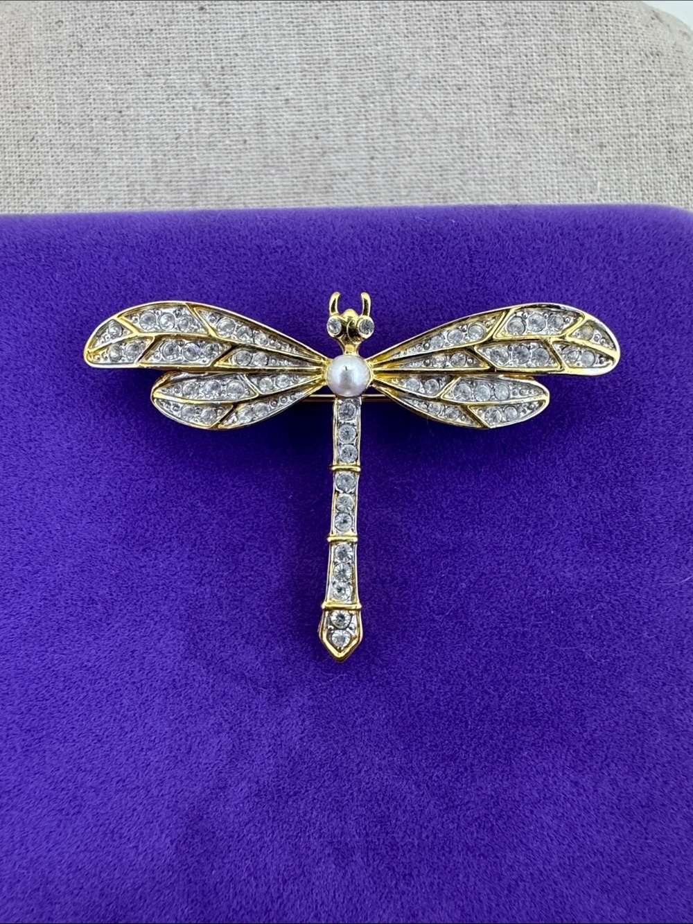 💛 Vintage Gold-Tone Crystal & Pearl Dragonfly Brooch | Nature Lover